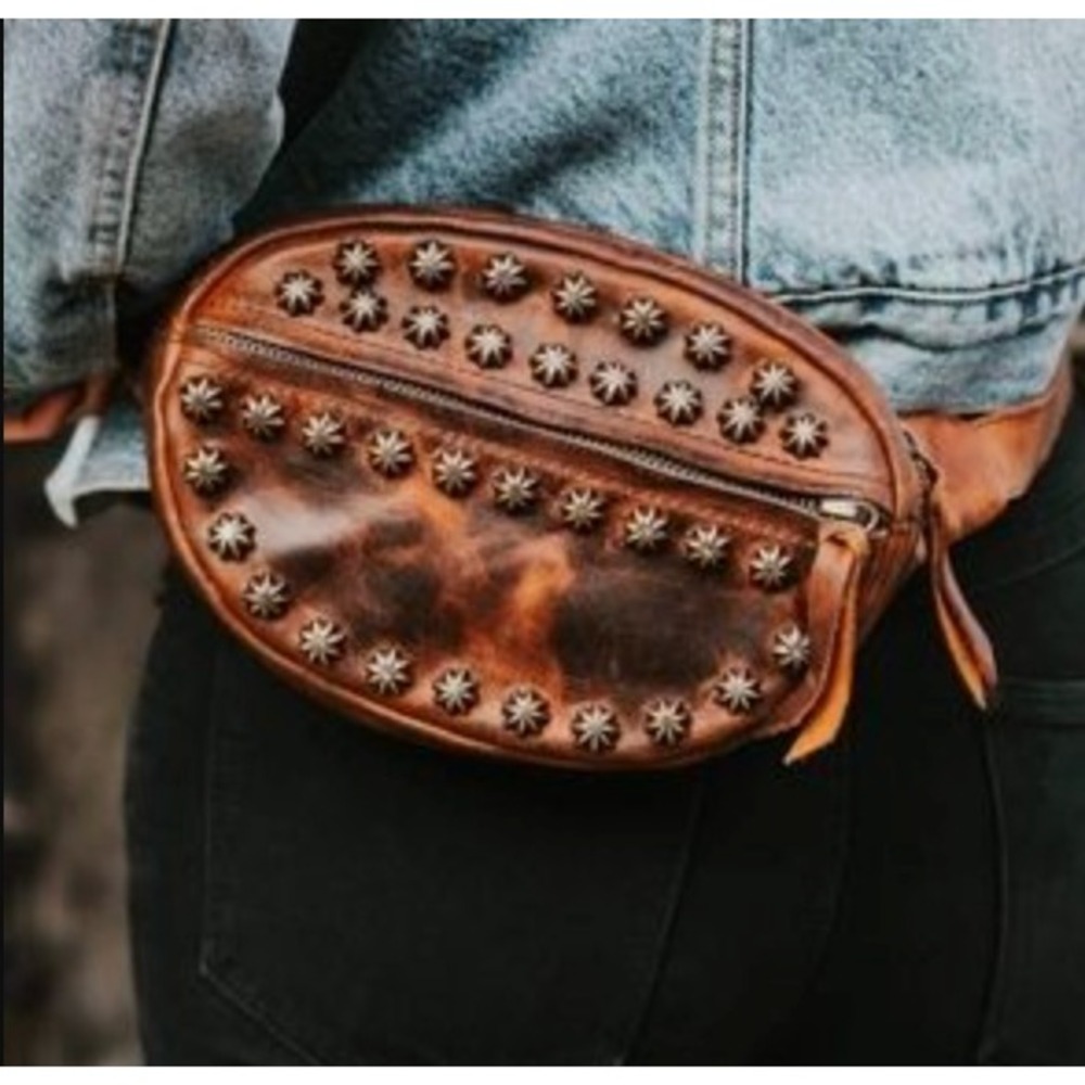 Freebird by Steven Distressed Brown Leather Studded Waist Bag Belt Pouch Star
